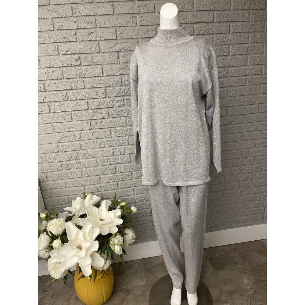 Lisa Originals Women Sliver Shimmering Long Sleeve Mock Neck Blouse & Pant 2 Pcs